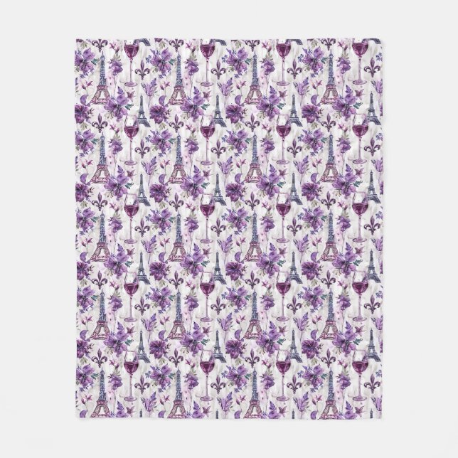Parisian Charm Purple Eiffel Tower and Floral  Fleece Blanket (Front)