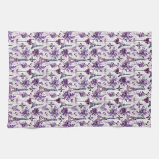 Parisian Charm Purple Eiffel Tower and Floral  Kitchen Towel