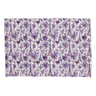Parisian Charm Purple Eiffel Tower and Floral  Pillowcase