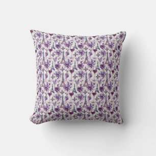 Parisian Charm Purple Eiffel Tower and Floral  Throw Pillow