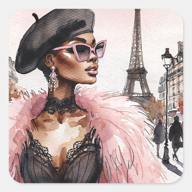 Parisian Chic Black Woman in France Watercolor Square Sticker (Front)