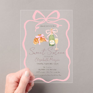 Parisian Croissant Pink Bow Champagne Sweet 16 Acrylic Invitations