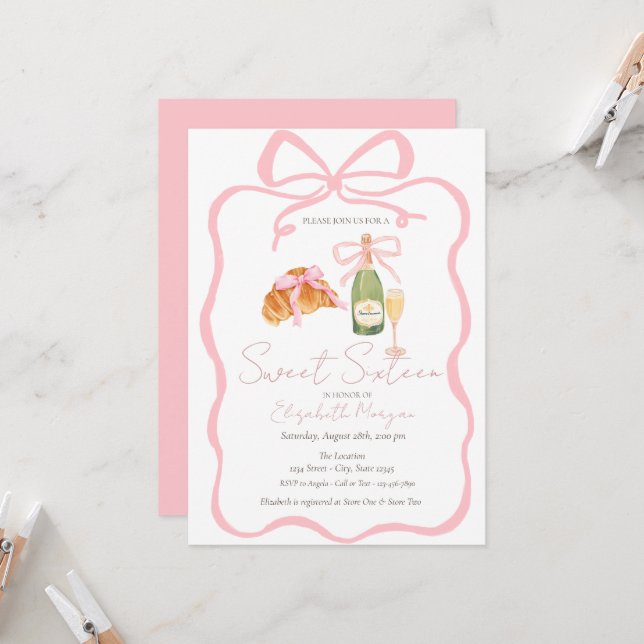 Parisian Croissant Pink Bow Champagne Sweet 16 Invitation (Front/Back In Situ)
