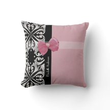 Parisian Damask Pink and Black Chic Bow With Name