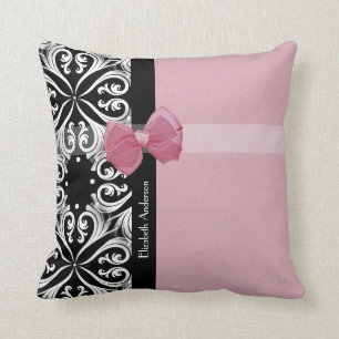 Parisian Damask Pink and Black Chic Bow With Name Throw Pillow