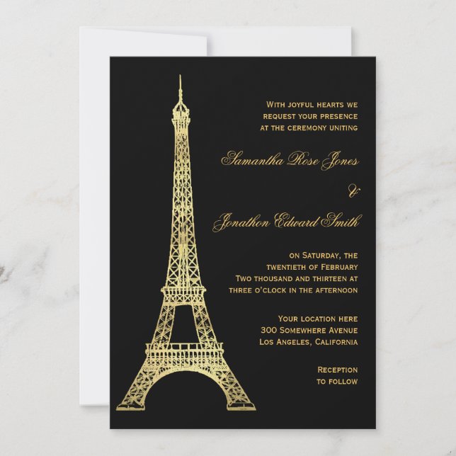Parisian Eiffel Tower Black and Gold Wedding Invitation (Front)