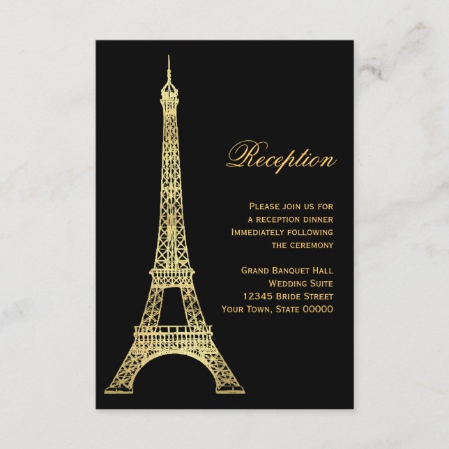 Parisian Eiffel Tower Black & Gold Reception Card (Front)