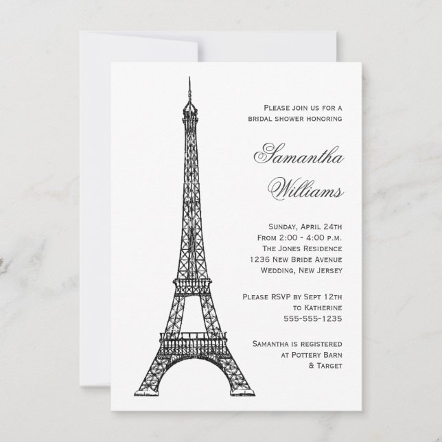 Parisian Eiffel Tower Black & White Bridal Shower Invitation (Front)