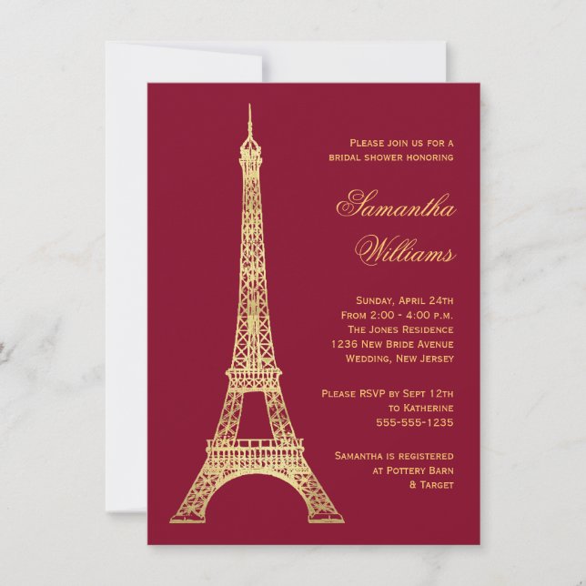 Parisian Eiffel Tower Burgundy Gold Bridal Shower Invitation (Front)