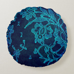 Parisian Feminine Victorian Gothic Navy Blue Lace Round Pillow
