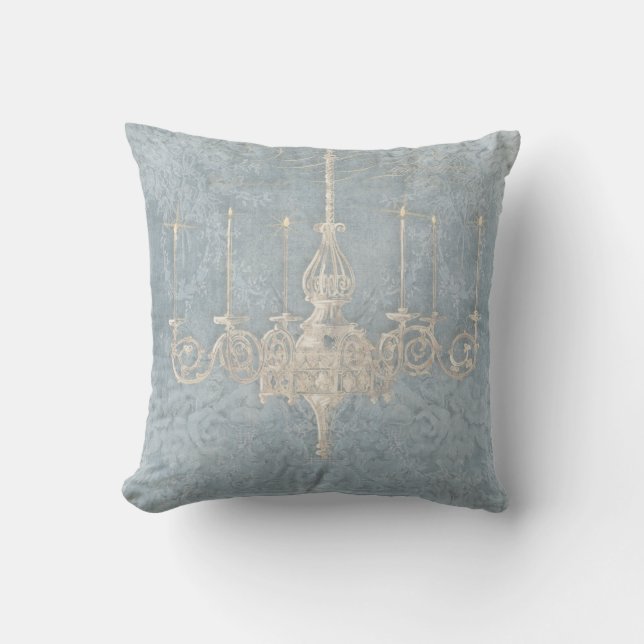 Parisian French Blue White Chandelier Floral Art Throw Pillow (Front)