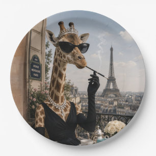 Parisian Giraffe in Black Elegance Paper Plate