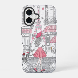 Parisian Girl – Cute Eiffel Tower & Café Street iPhone 16 Case