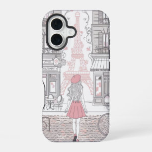 Parisian Girl – Cute Eiffel Tower & Café Street iPhone 16 Case