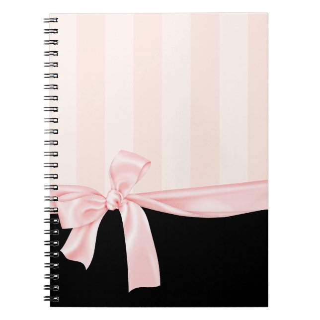 Parisian Girly Pink Stripes & Light Pink Bow Notebook (Front)