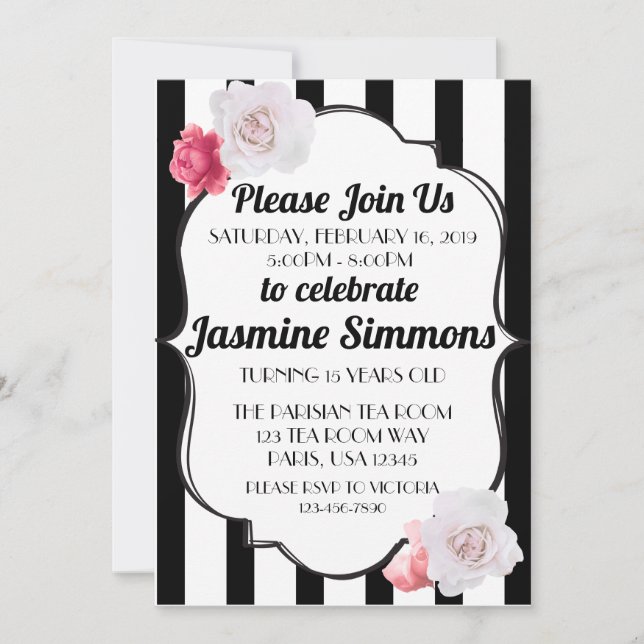 Parisian Inspired Black and White Floral Rose Invitation (Front)