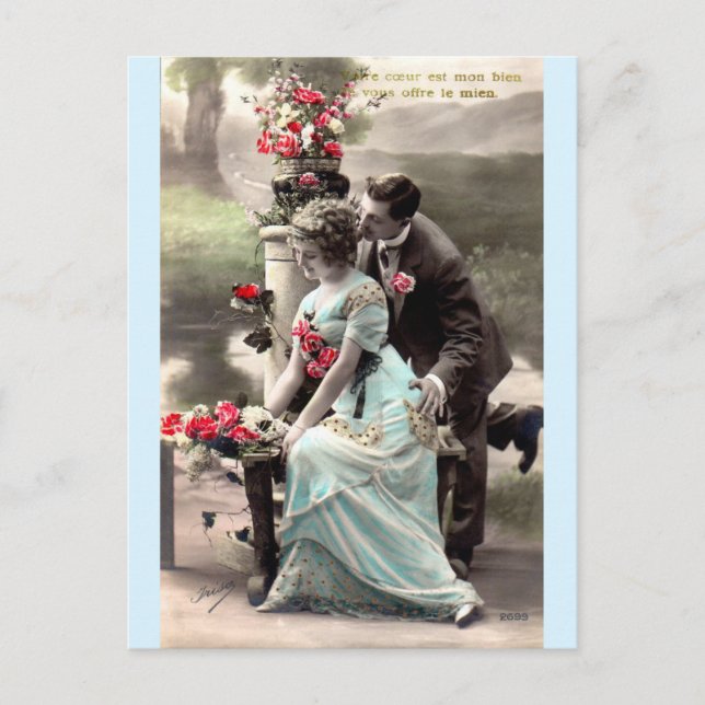 Parisian Love In The Park Tinted Vintage Postcard (Front)