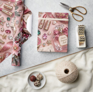 Parisian Pink Burgundy Christmas Jewels Wrapping Paper
