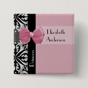 Parisian Princess Pink Ribbon Bow With Name 2 Inch Square Button