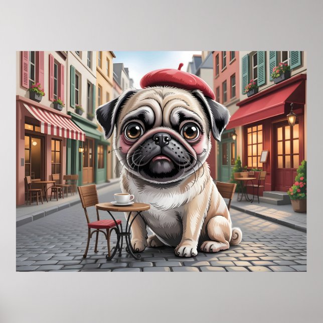 Parisian Pug at Sidewalk Cafe Poster (Front)