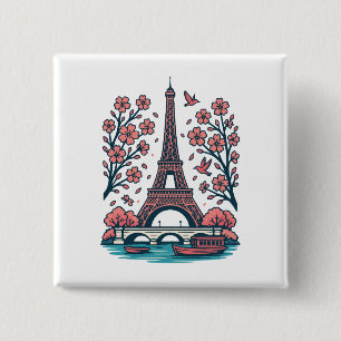 Parisian Souvenir Eiffel Tower Paris Cherry Tree 2 Inch Square Button