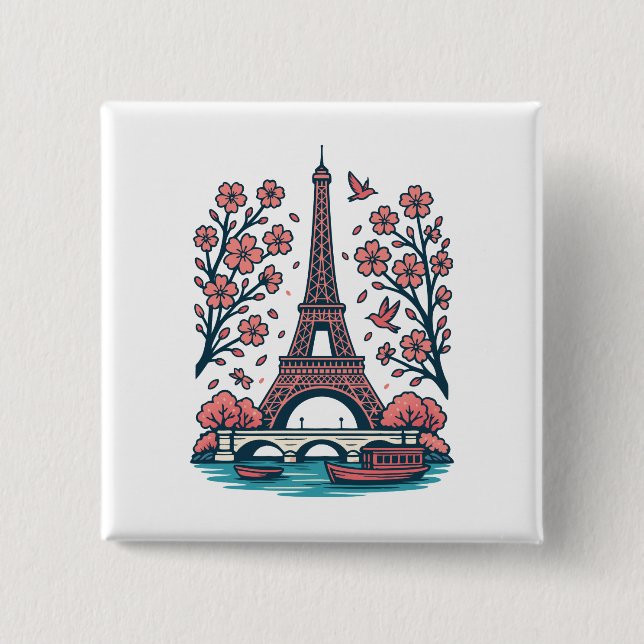 Parisian Souvenir Eiffel Tower Paris Cherry Tree 2 Inch Square Button (Front)