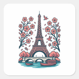 Parisian Souvenir Eiffel Tower Paris Cherry Tree Square Sticker