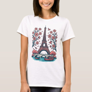Parisian Souvenir Eiffel Tower Paris Cherry Tree T-Shirt