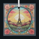 Parisian Sunset Eifel Tower Paris French Floral Glass Ornament<br><div class="desc">Bright Parisian Sunset Eifel Tower Paris French France Floral Ornaments features an art deco style Paris sunset with the Eifel Tower in a bold floral frame. Created by Evco Studio www.zazzle.com/store/evcostudio</div>