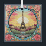 Parisian Sunset Eifel Tower Paris French Floral Glass Ornament<br><div class="desc">Bright Parisian Sunset Eifel Tower Paris French France Floral Ornaments features an art deco style Paris sunset with the Eifel Tower in a bold floral frame. Created by Evco Studio www.zazzle.com/store/evcostudio</div>