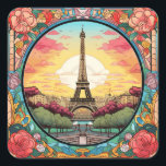 Parisian Sunset Eifel Tower Paris French Floral Square Sticker<br><div class="desc">Bright Parisian Sunset Eifel Tower Paris French France Floral Stickers features an art deco style Paris sunset with the Eifel Tower in a bold floral frame. Created by Evco Studio www.zazzle.com/store/evcostudio</div>