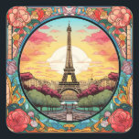 Parisian Sunset Eifel Tower Paris French Floral Square Sticker<br><div class="desc">Bright Parisian Sunset Eifel Tower Paris French France Floral Stickers features an art deco style Paris sunset with the Eifel Tower in a bold floral frame. Created by Evco Studio www.zazzle.com/store/evcostudio</div>