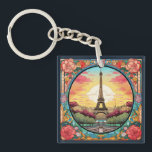 Parisian Sunset Eiffel Tower Paris French Floral Keychain<br><div class="desc">Bright Parisian Sunset Eiffel Tower Paris French France Floral Keychains features an art deco style Paris sunset with the Eiffel Tower in a bold floral frame. Created by Evco Studio www.zazzle.com/store/evcostudio</div>