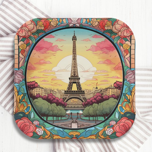 Parisian Sunset Eiffel Tower Paris French Floral Paper Plate (Creator Uploaded)