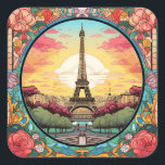 Parisian Sunset Eiffel Tower Paris French Floral Square Sticker<br><div class="desc">Bright Parisian Sunset Eiffel Tower Paris French France Floral Stickers features an art deco style Paris sunset with the Eiffel Tower in a bold floral frame. Created by Evco Studio www.zazzle.com/store/evcostudio</div>