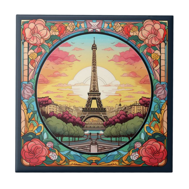 Parisian Sunset Eiffel Tower Paris French Floral Tile (Front)