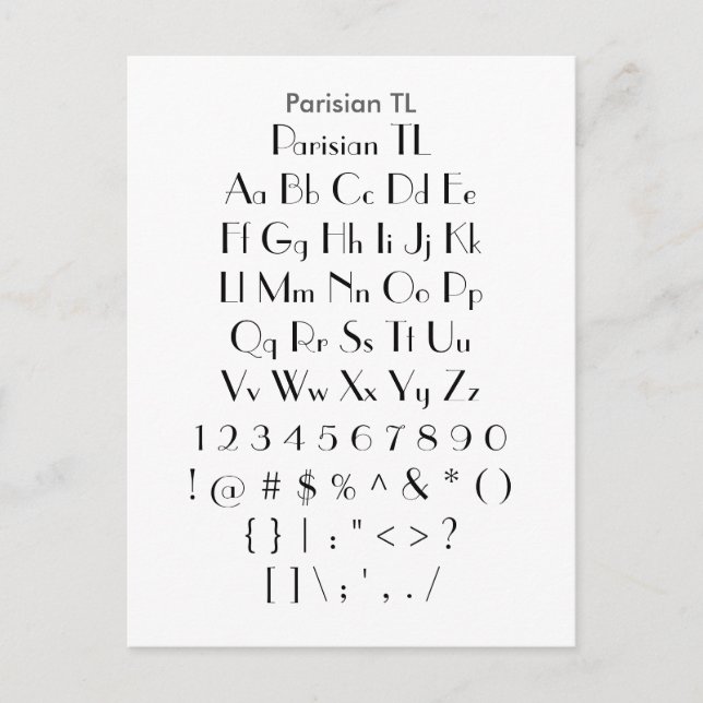 Parisian TL - Zazzle Font Sampler Sheet Postcard (Front)