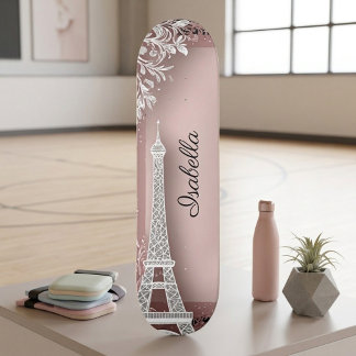 Parisian Vintage Blush Pink Glitter Eiffel Tower  Skateboard