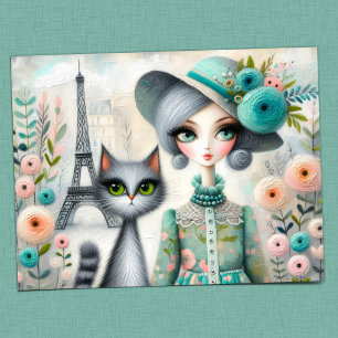 Parisian Whimsy: Stylish Woman and Adorable Cat Postcard