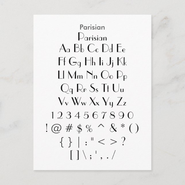 Parisian - Zazzle Font Sampler Sheet Postcard (Front)