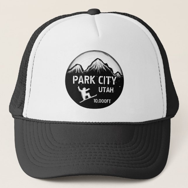 Park City Utah black white snowboard art hat (Front)