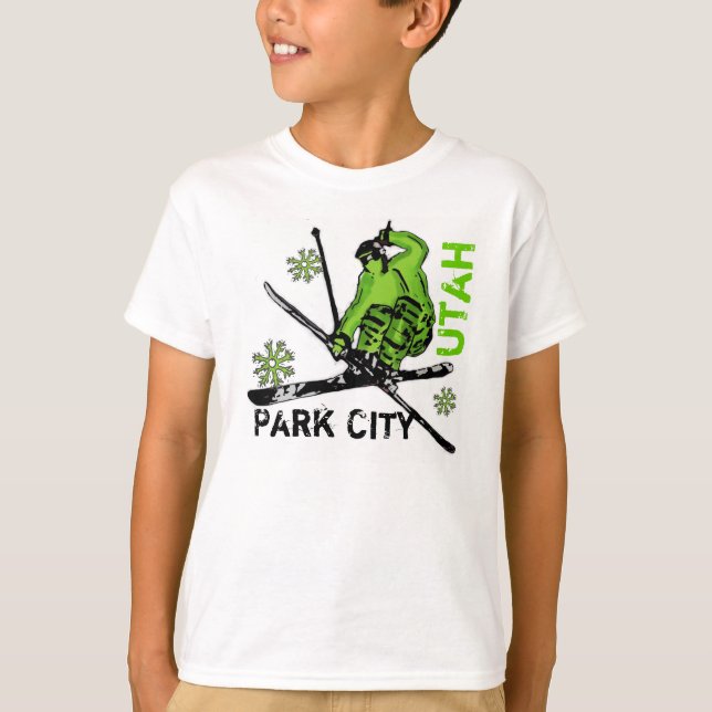 Park City Utah green theme skier boys tee (Front)