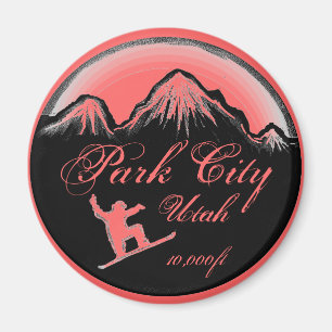 Park City Utah pink snowboard art magnet