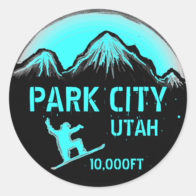 Park City Utah teal snowboard art stickers (Front)