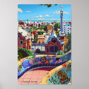 Park Guell Barcelona Spain Vintage Travel  Poster
