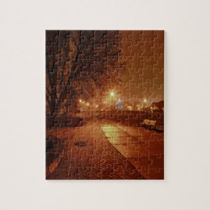 Park on a foggy night decorated for Christmas Jigsaw Puzzle
