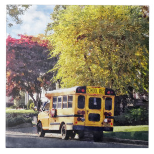Parked School Bus In Autumn Tile