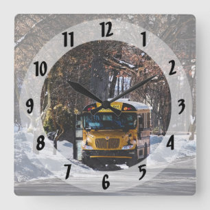 Parked School Bus in Winter Square Wall Clock