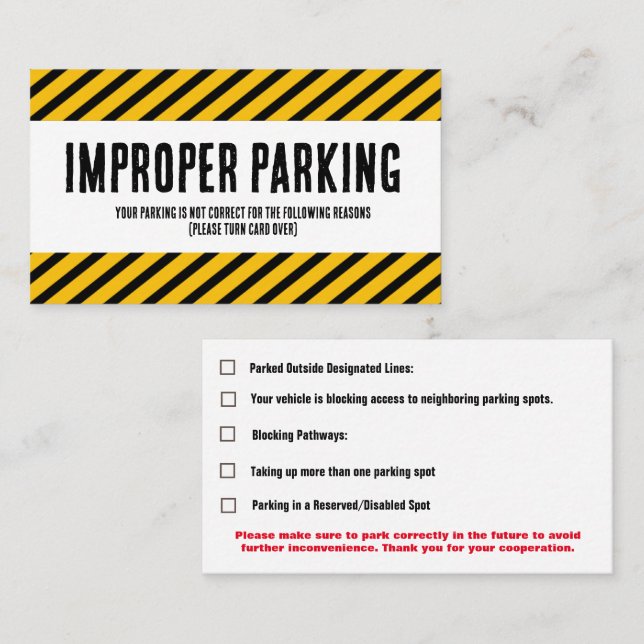 Parking Incorrectly complaint card (Front/Back)