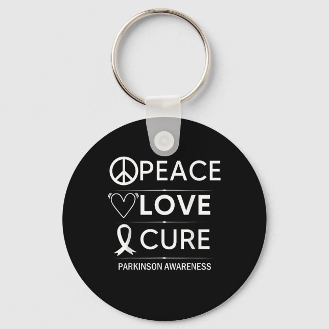 Parkinsons Disease Awareness Peace Love Cure Keychain (Front)